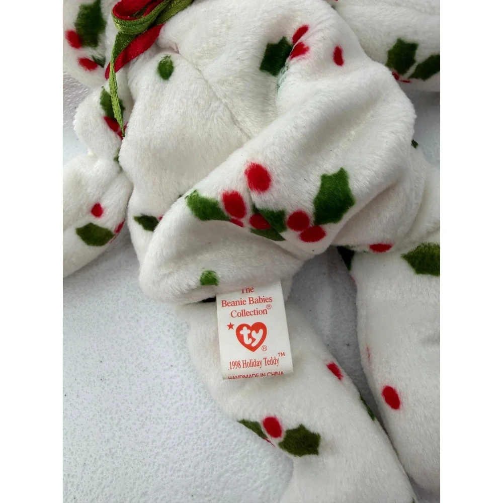 Ty Beanie Baby 1998 Holiday Teddy White Holly Berry Christmas Bear Plush 8.5 in